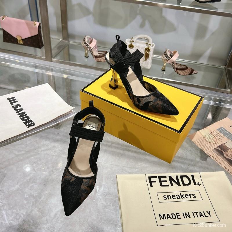 2025 Women Fendi Black Mesh Leather Heels MJ00280