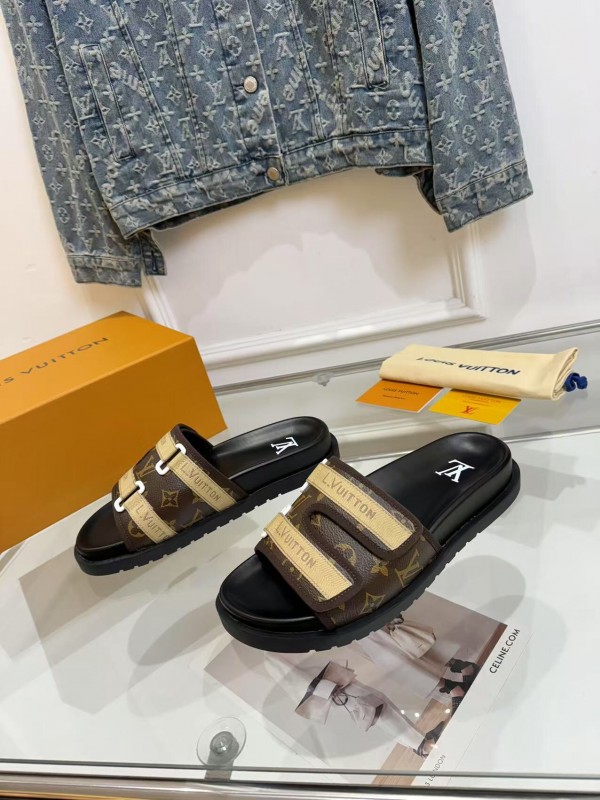 2025 Slippers Louis Vuitton Brown Canvas Leather Slippers LY