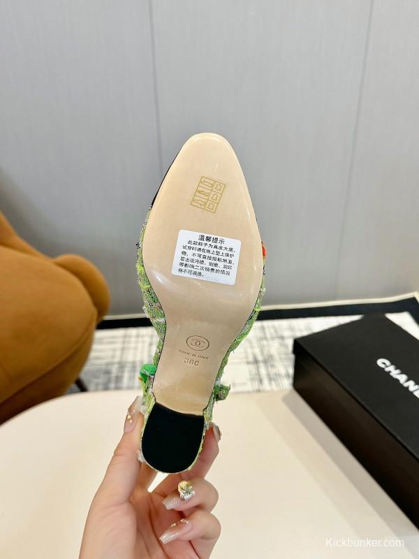 2025 Women Chanel Green Black Tweed Pump Slingback LY00270