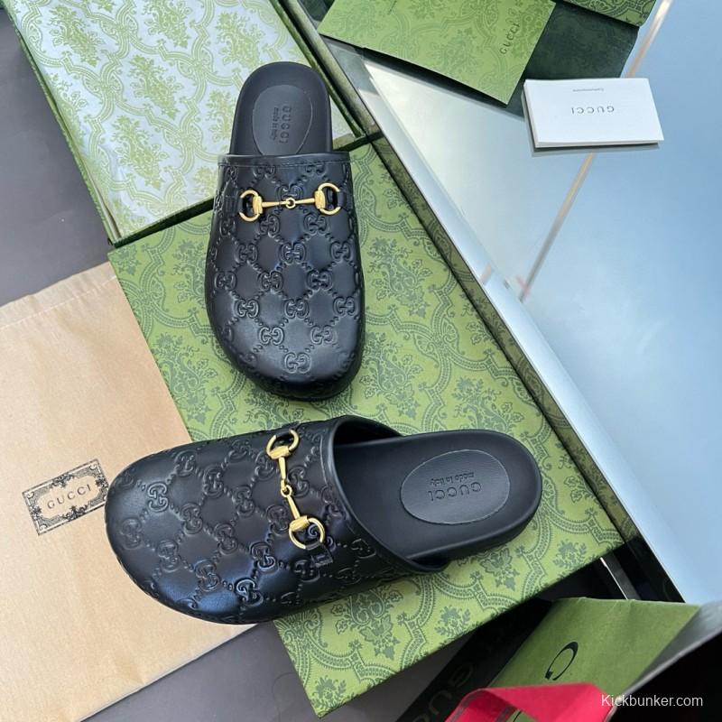 2024 Slippers Gucci Black Leather GG Pattern Horsebit MJ00280