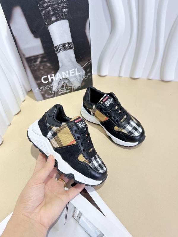 2024 Kids BURBERRY Beige White Black Leather Fabric Sneakers