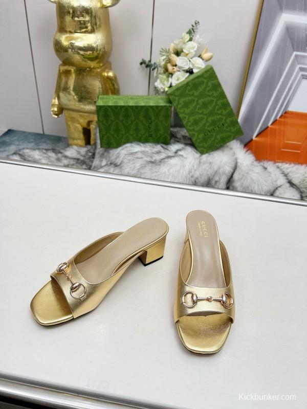 2025 Women Gucci Gold Leather Heeled Slip-On Horsebit MJ00180