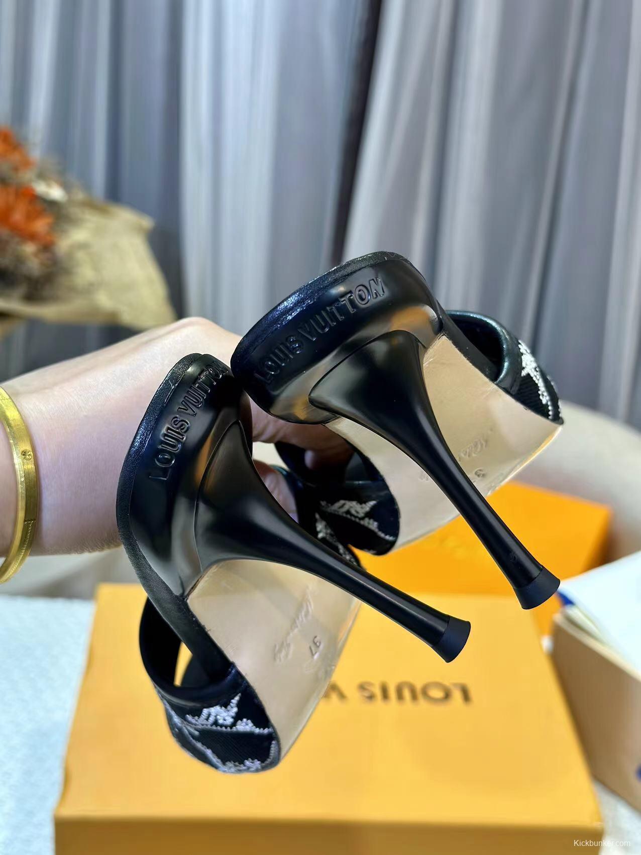 2025 Women Louis Vuitton Black White Embroidered Leather High Heel LY00250