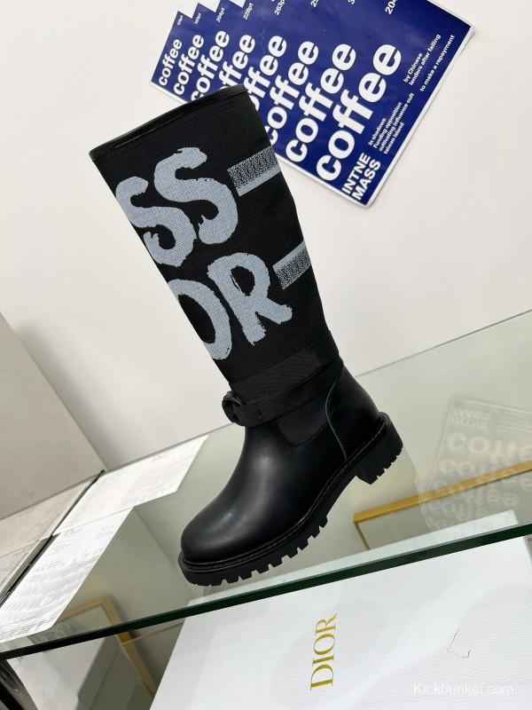 2024 Women Dior black leather knit fabric boots MJ00350
