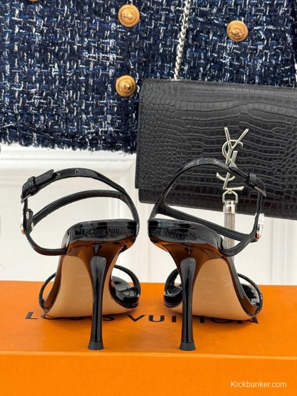 2025 Women Louis Vuitton Black Leather High Heel Sandals