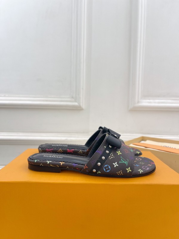 2025 Slippers Louis Vuitton Black Multicolor Monogram Leather Bow KFY00290