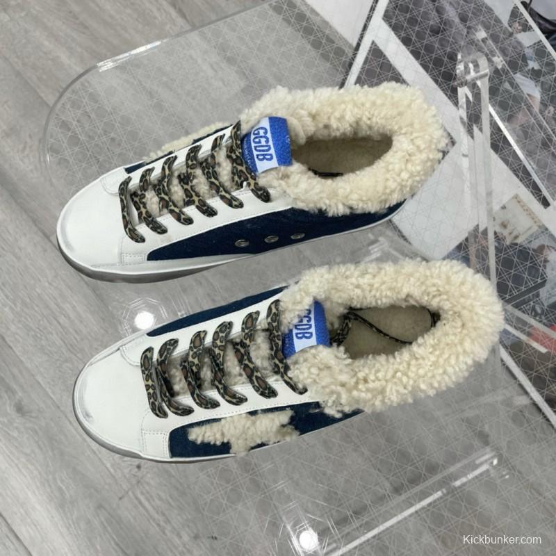 2025 Women GGDB White Navy Blue Leather Shearling Sneakers