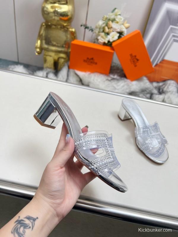 2025 Slippers Hermès Silver Leather Slippers MJ00180/215