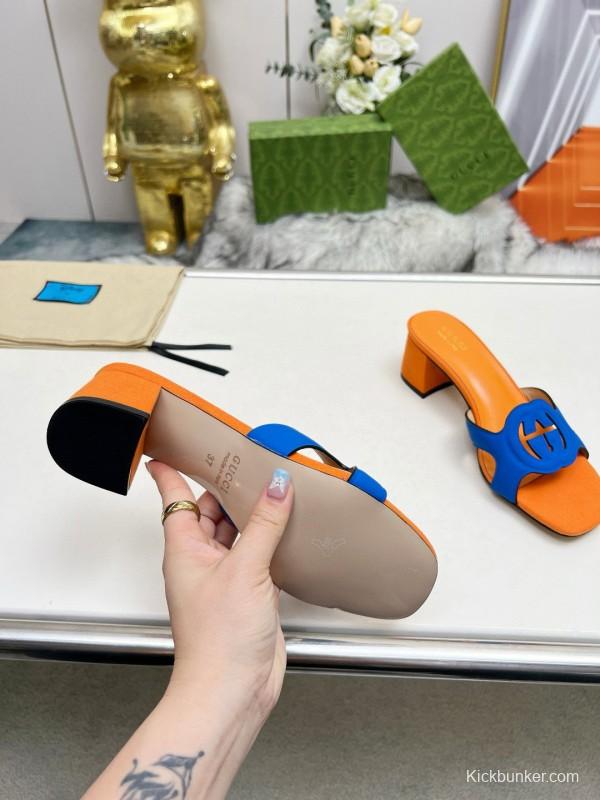 2025 Gucci Orange Blue Leather Slippers