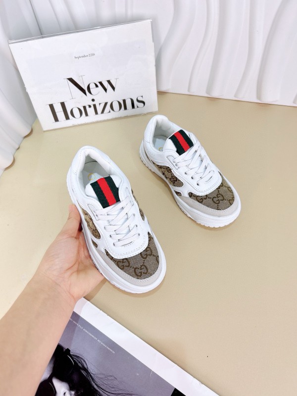 2024 Kids Gucci White Brown Cotton Leather Sneakers