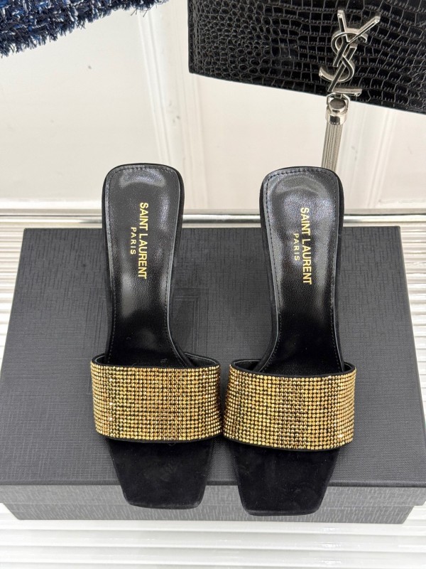 2025 Women Yves Saint Laurent Black Gold Leather High Heel Slip-On LY00300