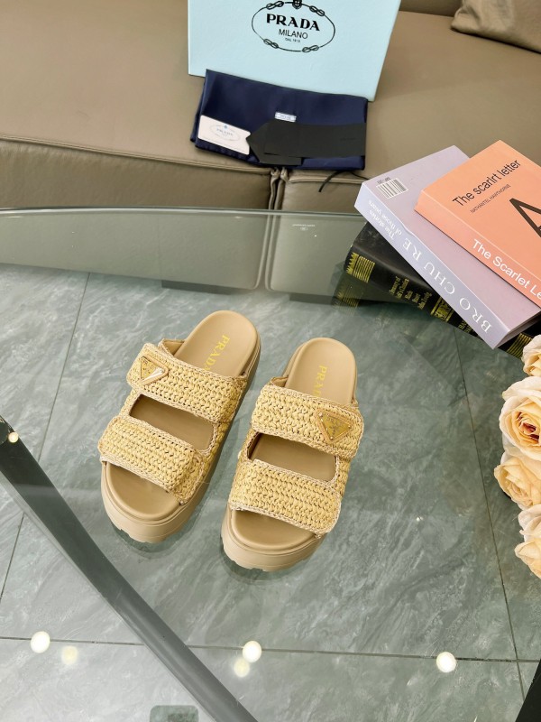 2025 Prada Beige Raffia Slippers LY00290