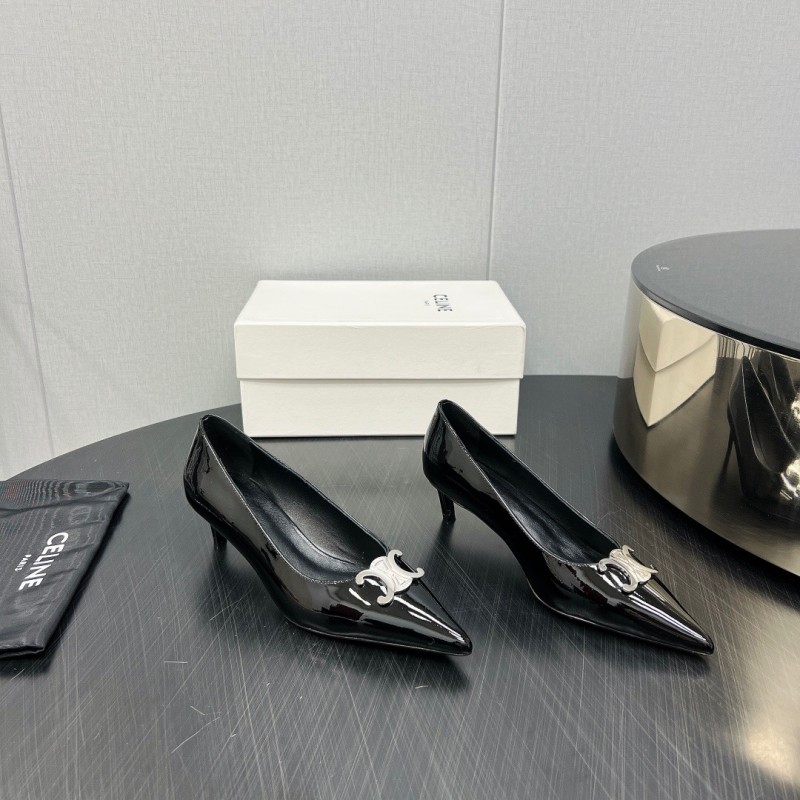 2025 Women Celine Black Patent Leather Pointed Toe Buckle Pumps KFY00290