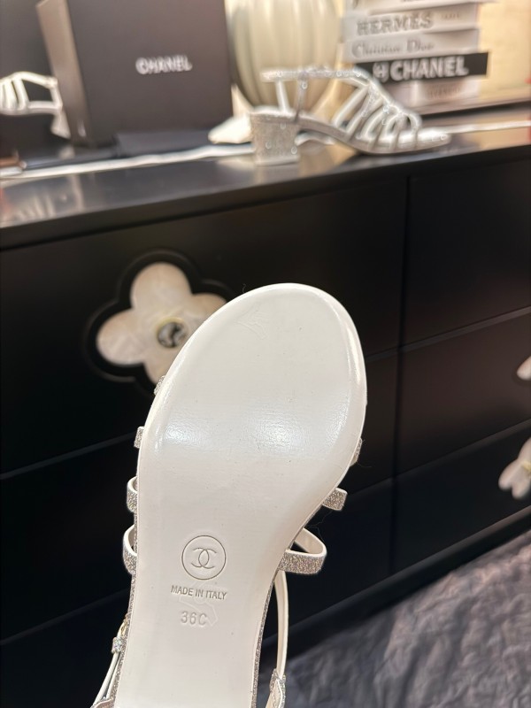 2025 Women Chanel White Synthetic Leather Sandals