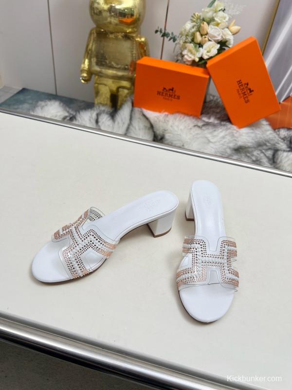 2025 Hermès White Leather Slippers H Pattern MJ00180