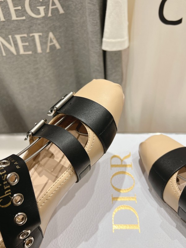 2025 Women Dior Beige Black Leather Mary Jane Buckle Flats