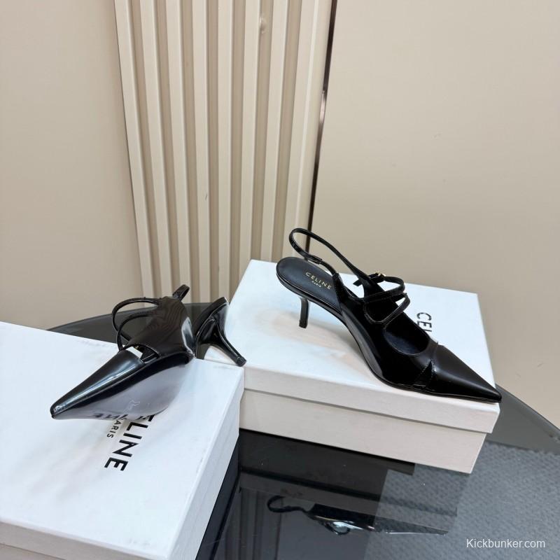 2025 Women CELINE Black Patent Leather Pointed Toe Slingback Heels