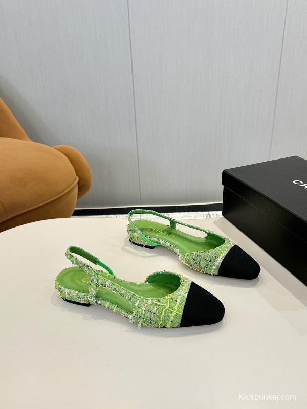 2025 Women Chanel Green Black Tweed Leather Slingback Flats LY00240