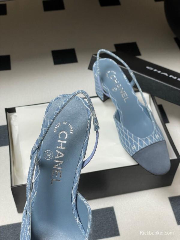 2025 Women Chanel Light Blue Denim Leather Sling-back Heels