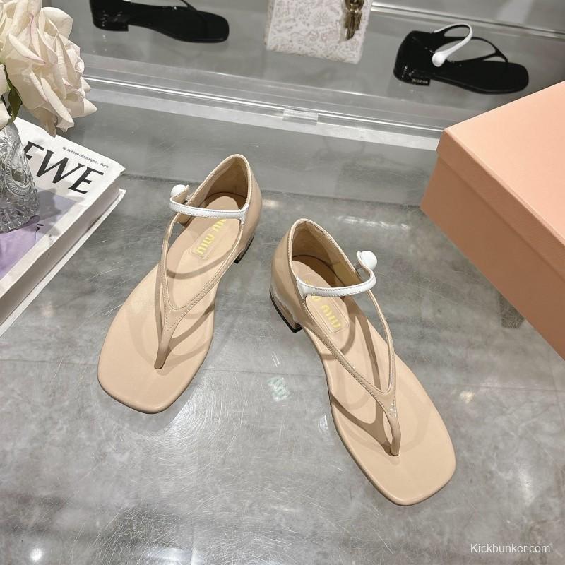 2025 Women MiuMiu Beige Leather T-Strap Sandals With Clear Heel KFY00289(F)