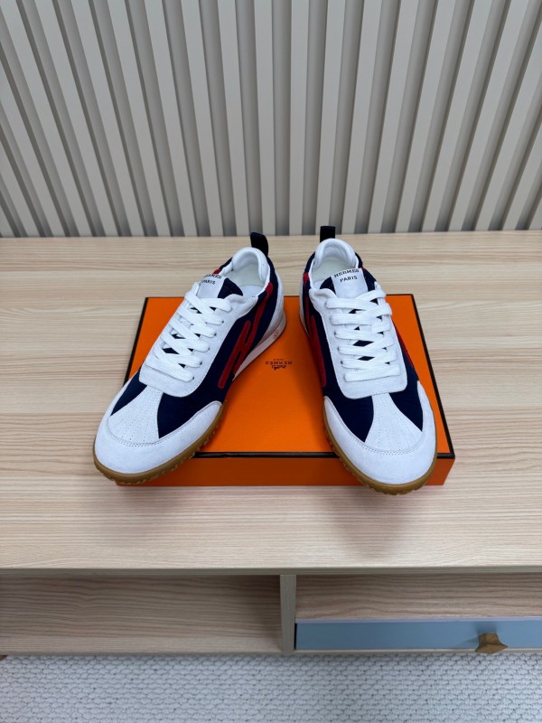 2025 Unisex Hermès White Navy Red Suede Down Fabric Sneakers KFY00300