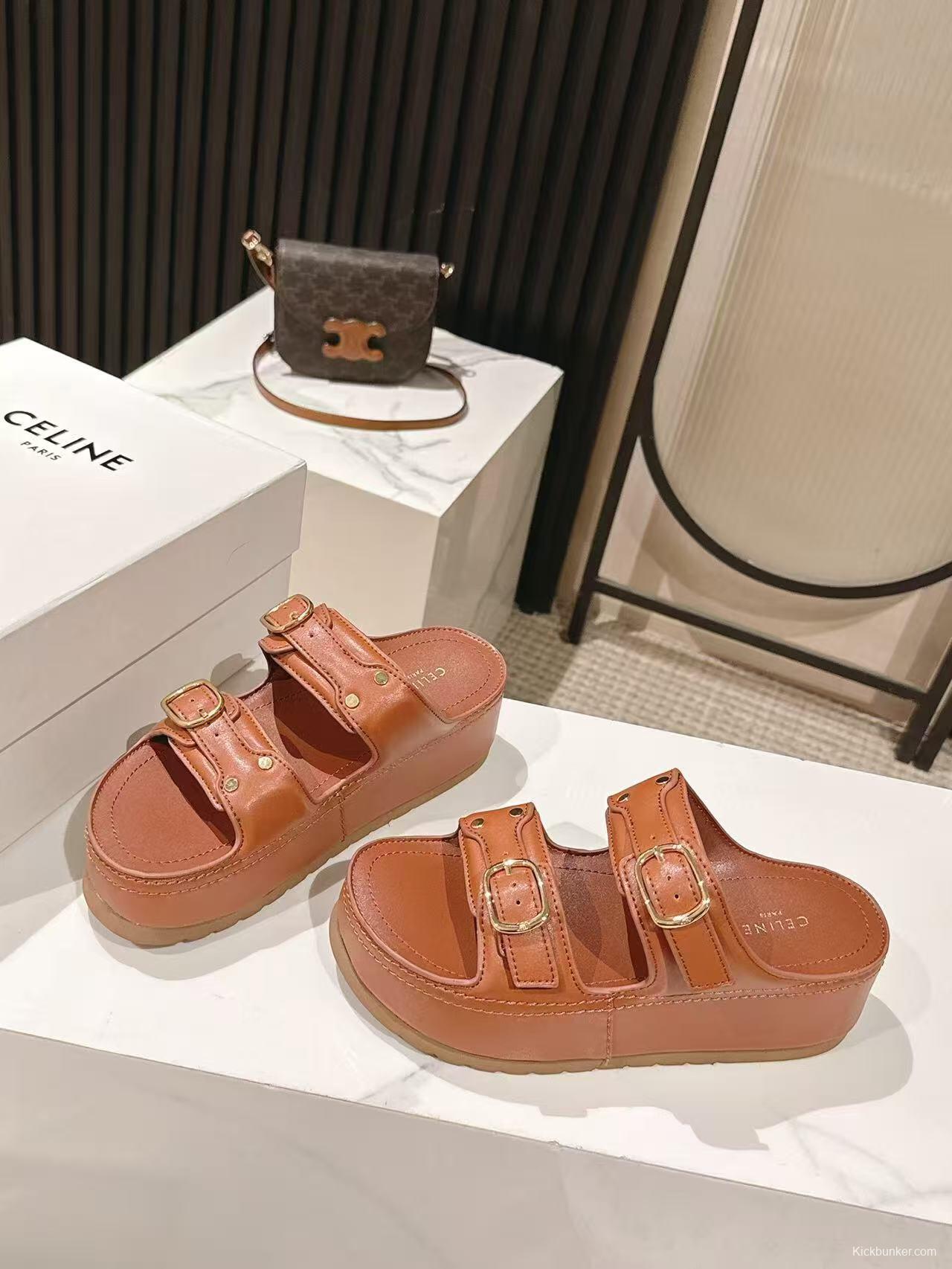 2025 Women Celine Brown Leather Platform Sandals LY00300
