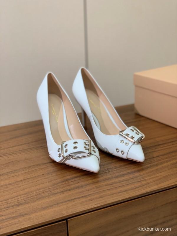 2025 Women Gianvito Rossi White Leather Buckle Pumps KFY00300