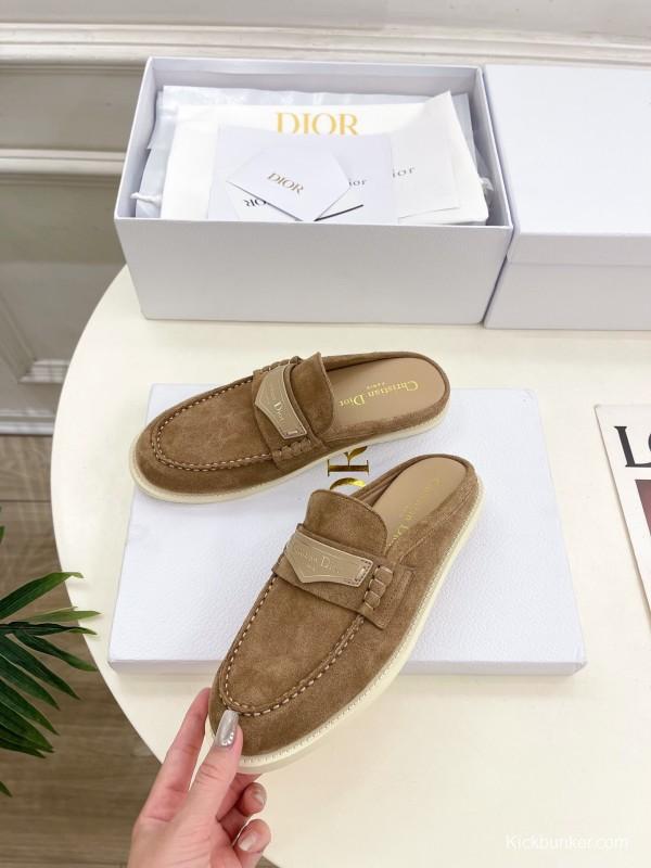 2025 Women Dior Brown Suede Mule Loafers Casual Handmade Slip-on LY00360(F)