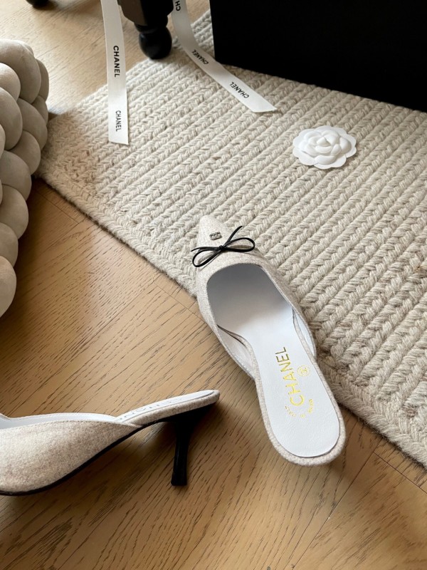 2025 Women Chanel Beige Fabric Pointed Toe Mules KFY00290