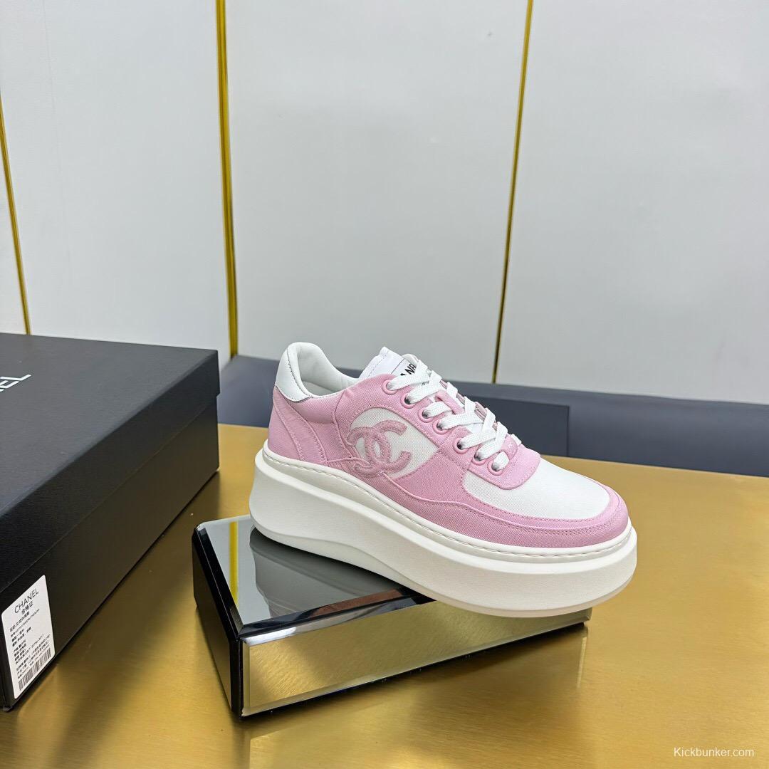 2025 Women Chanel Pink White Leather Suede Platform Sneakers