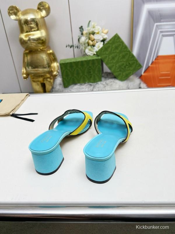 2025 Gucci Blue Yellow Leather Slippers