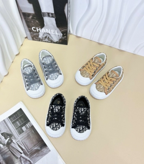 2024 Kids CHANEL Gray Beige Black Canvas Sneakers