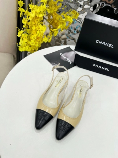 2025 Women Chanel Apricot Black Leather Slingback Flats