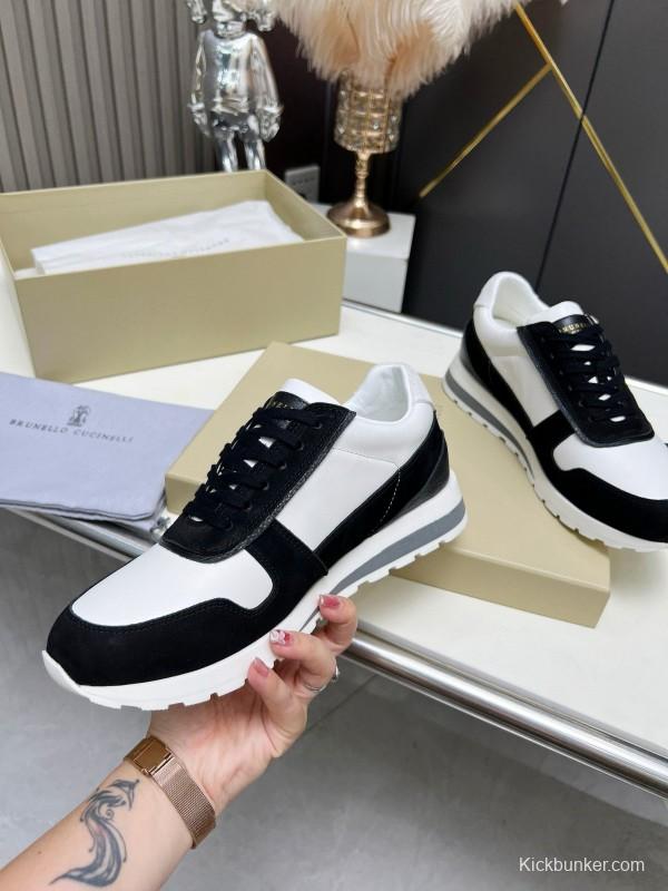 2024 Unisex Brunello Cucinelli Black White Suede Calfskin Leather Sneakers MJ00360