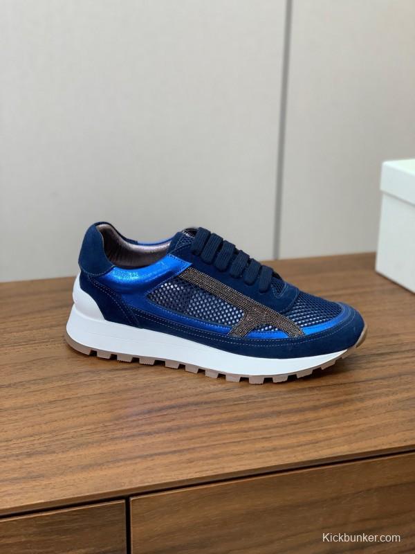 2025 Men Brunello Cucinelli Blue Navy Suede Mesh Casual Sneakers KFY00310