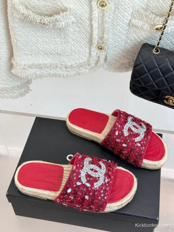 2025 Women Chanel Red Sequin Espadrille Slides Classic Craftsmanship KFY00240(F)