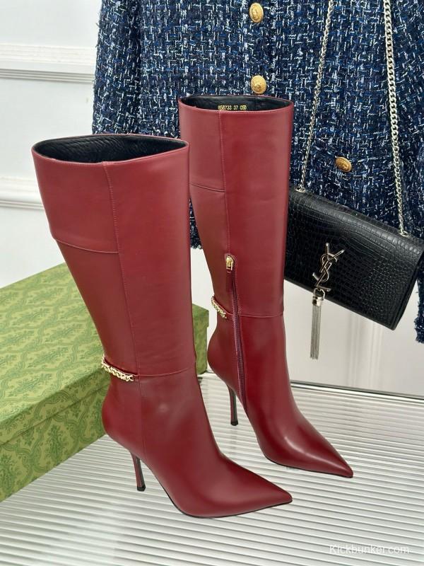 2024 Women Gucci red leather high heel knee boots