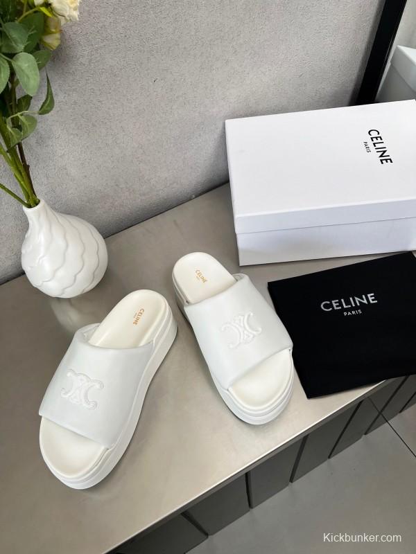 2025 Slippers Celine White Leather Platform Embossed LY00240