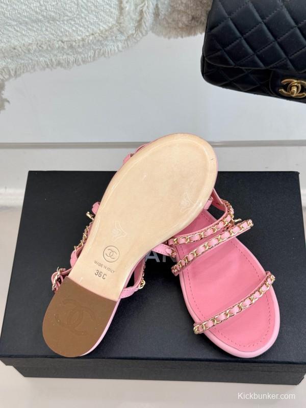 2025 Women Chanel Pink Leather Chain Strap Sandals