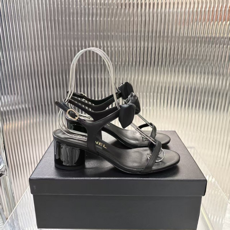 2025 Women Chanel Black Lambskin Bowknot Sandals LY00260
