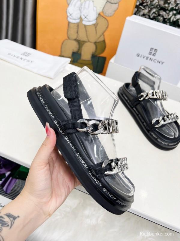 2025 Women Givenchy Black Leather Sandals Chain LY00260