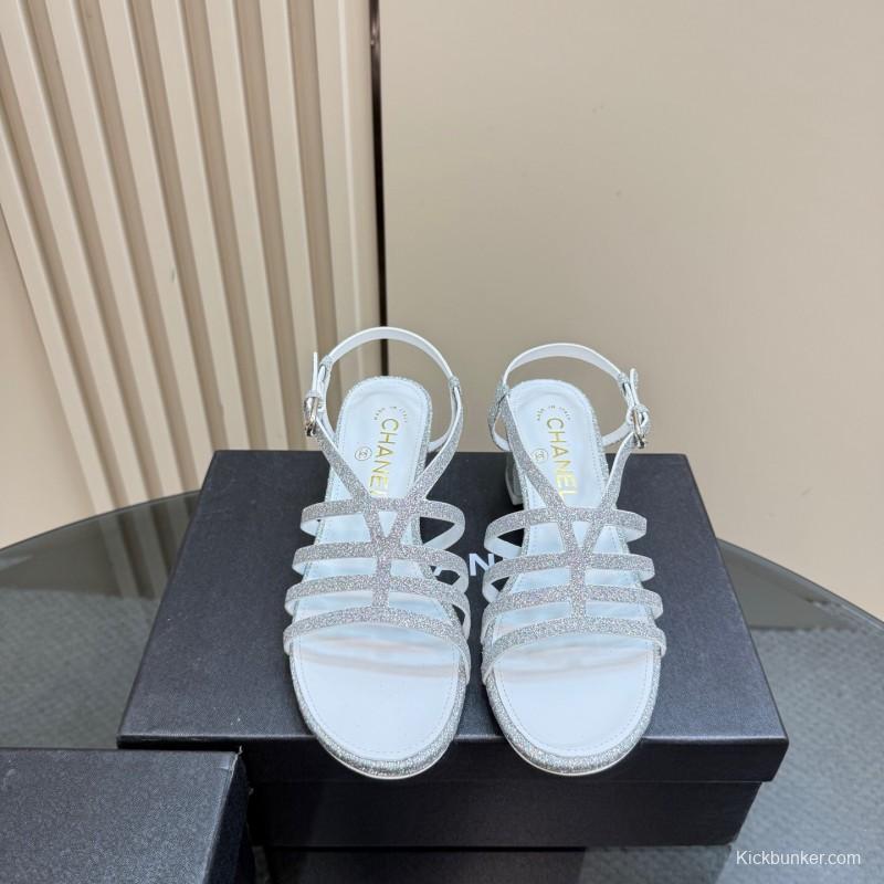 2025 Women Chanel Silver Leather Sandals