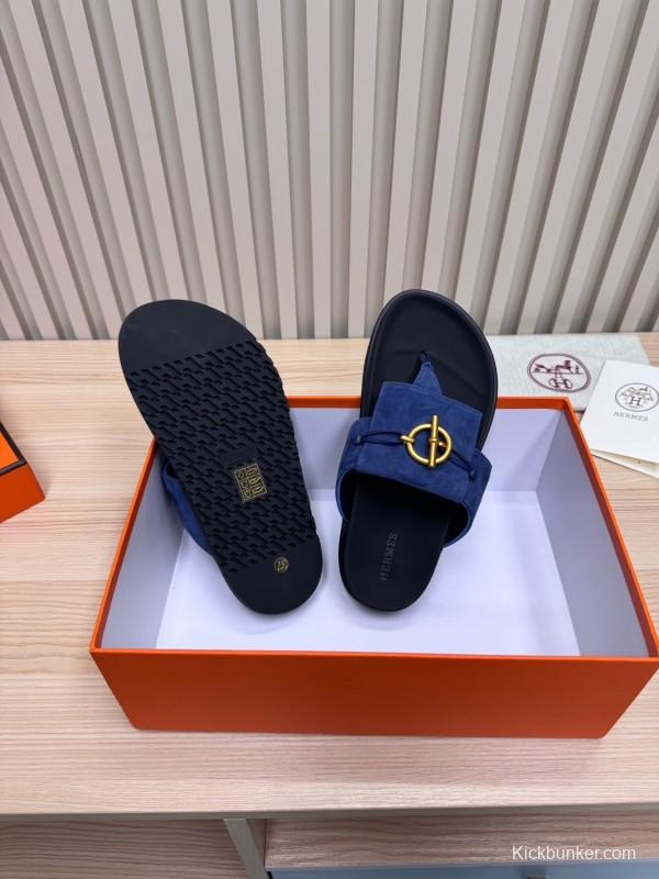 2025 Slippers Hermès Blue Leather Slippers