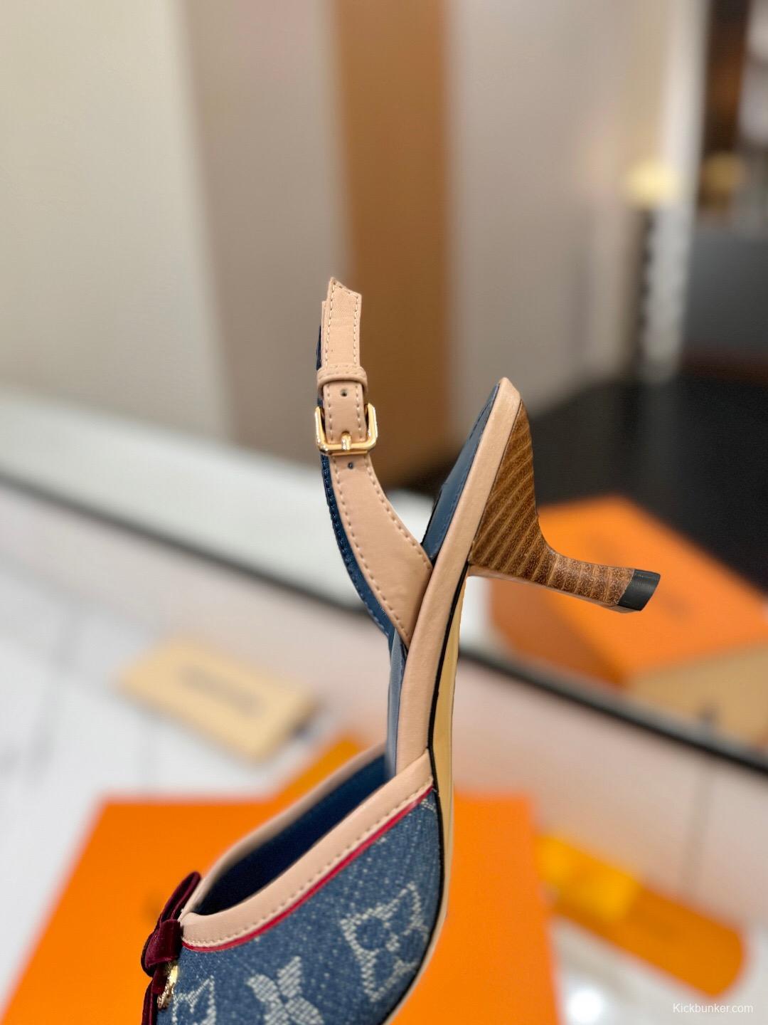 2025 Women Louis Vuitton Blue Denim LV Monogram Leather Sandals Buckle KFY00310