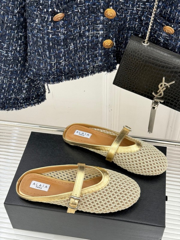 2025 Slippers AlAIA Gold Mesh Leather Slippers