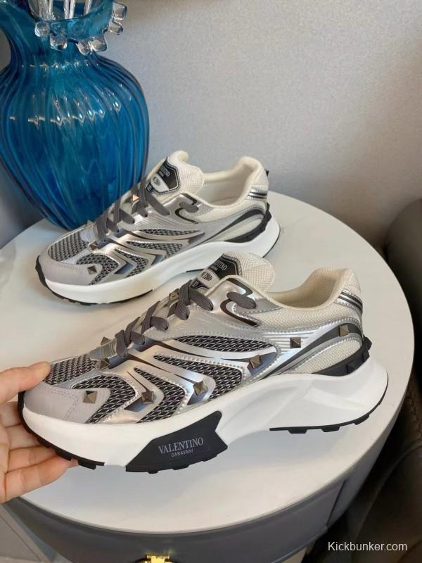 2024 Unisex Valentino White Black Grey Mesh Leather Sneakers MJ00410