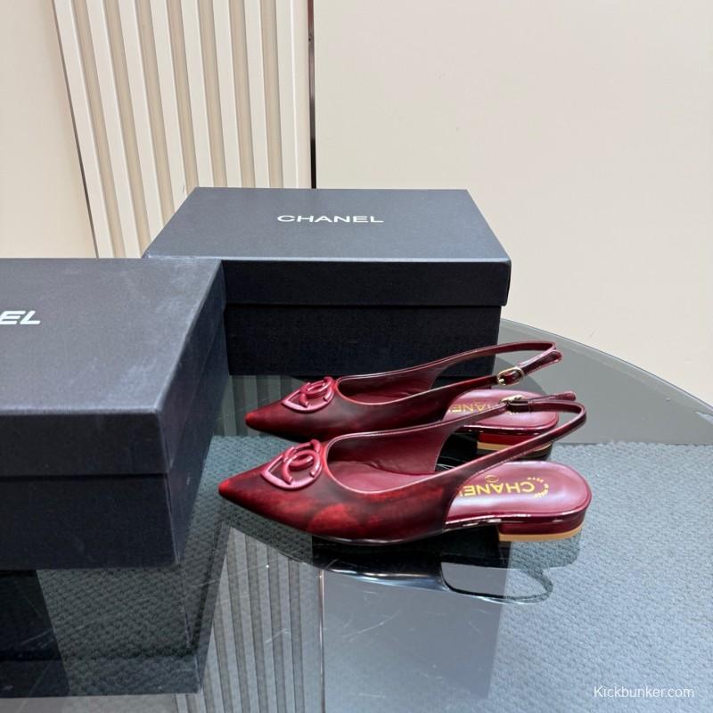 2025 Women Chanel Bordeaux Leather Slingback Sandals KFY00290