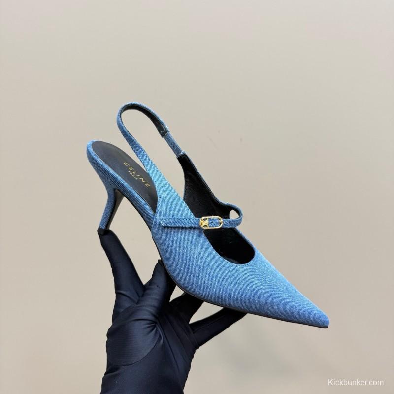 2025 Women CELINE Blue Denim Suede Slingback Pumps KFY00290