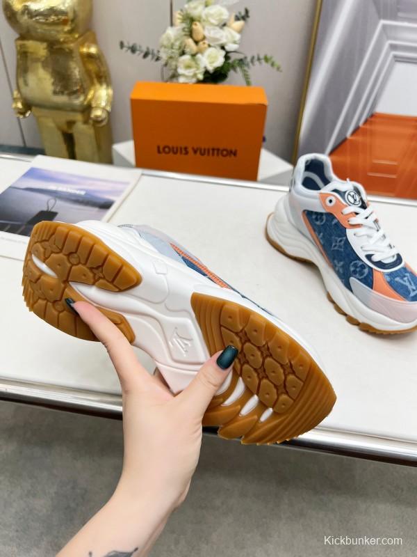 2025 Unisex Louis Vuitton Blue Orange White Leather Mesh Rubber Sneakers Monogram LY00340