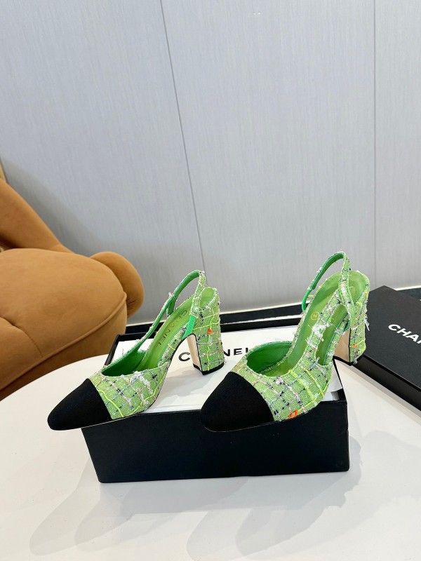2025 Women Chanel Green Black Tweed Pump Slingback LY00270